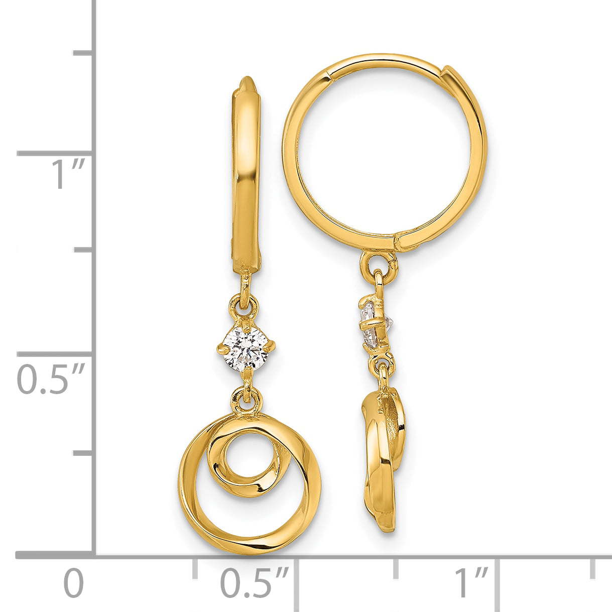 14k Polished and Twisted Dangling Circle and CZ Round Hinged Hoop Earrings