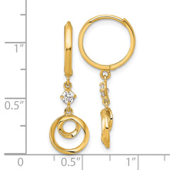 14k Polished and Twisted Dangling Circle and CZ Round Hinged Hoop Earrings