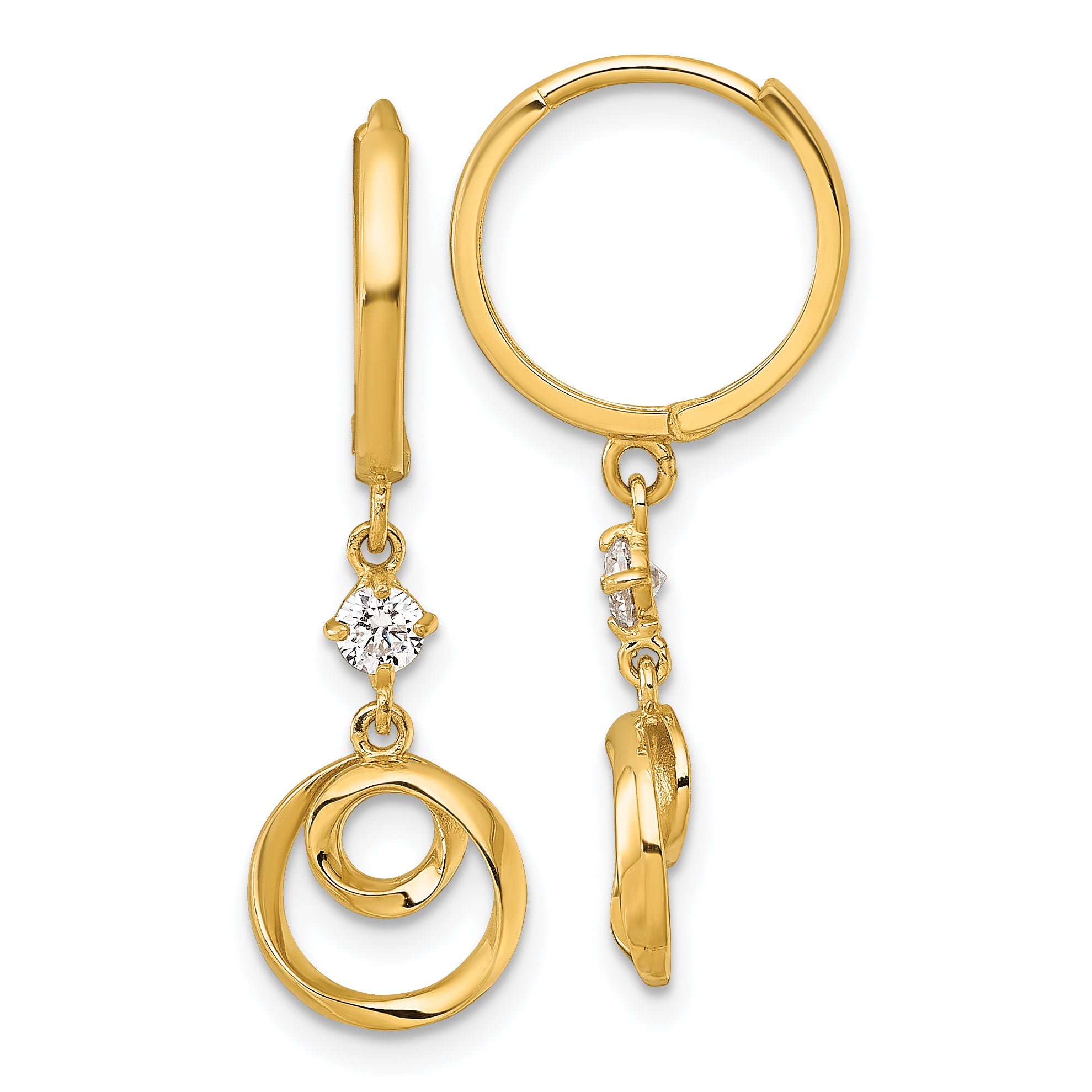 14k Polished and Twisted Dangling Circle and CZ Round Hinged Hoop Earrings