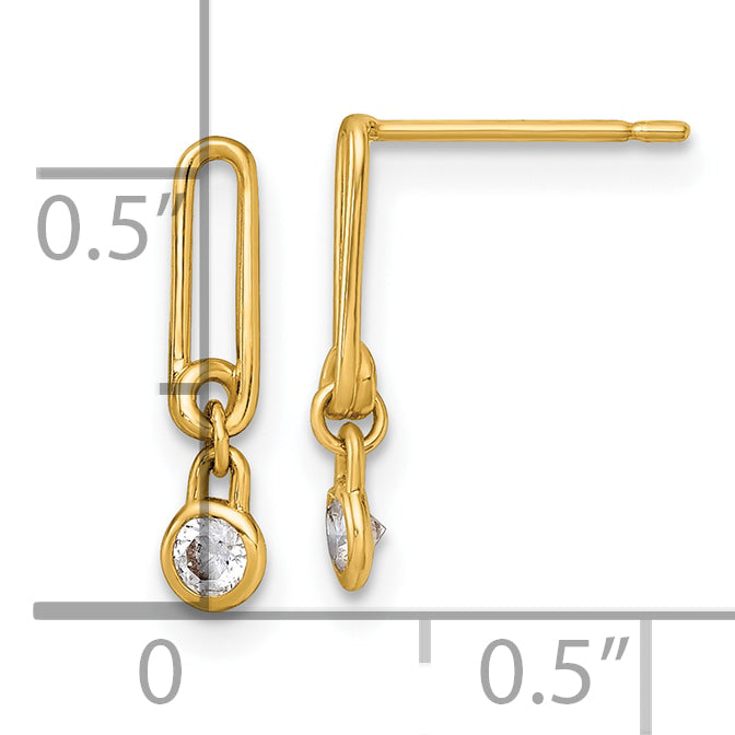 14k Polished CZ and Paperclip Link Dangle Post Earrings