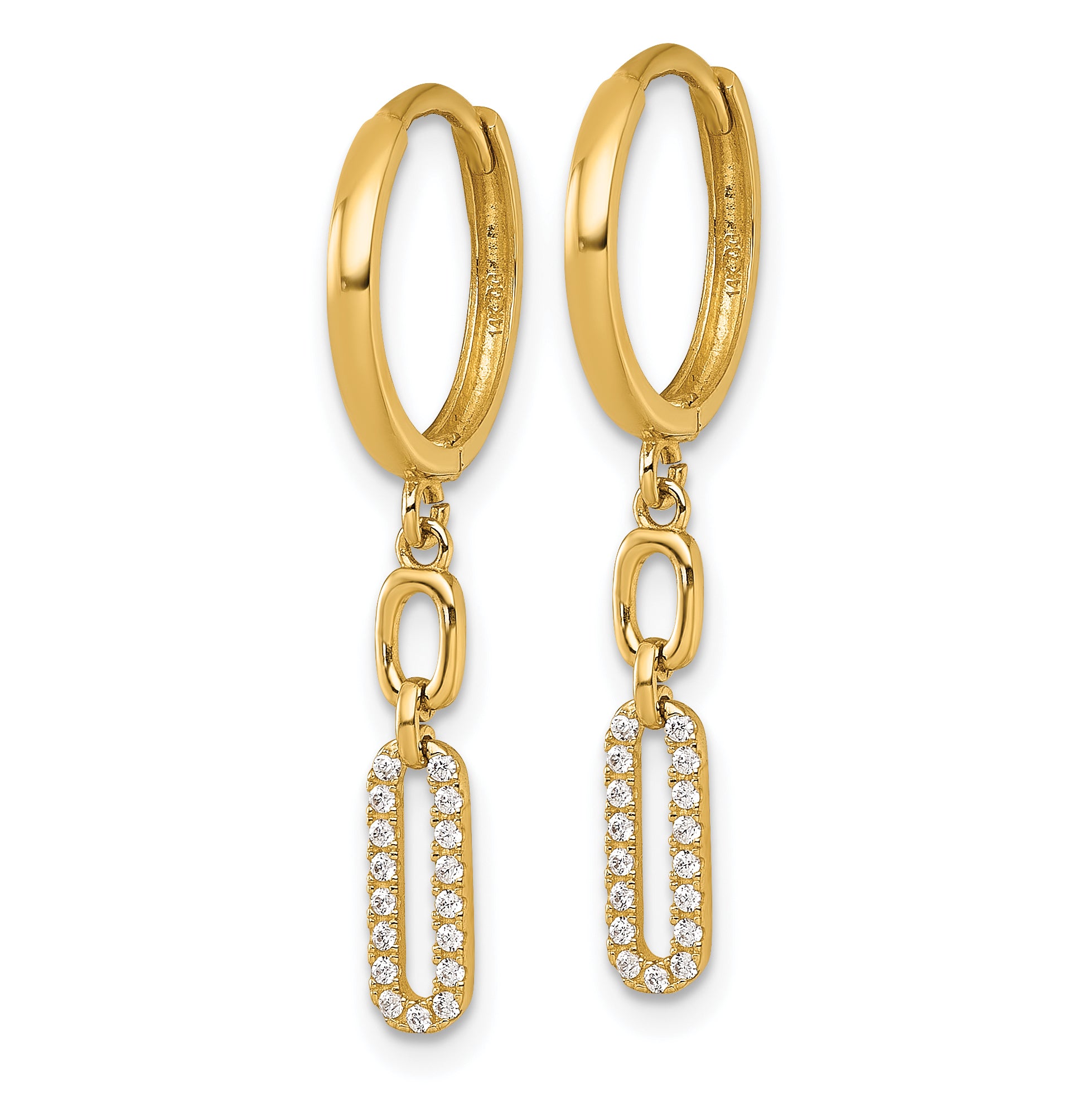 14k Polished Fancy CZ Long Link Dangle Round Hinged Hoop Earrings Secondary image