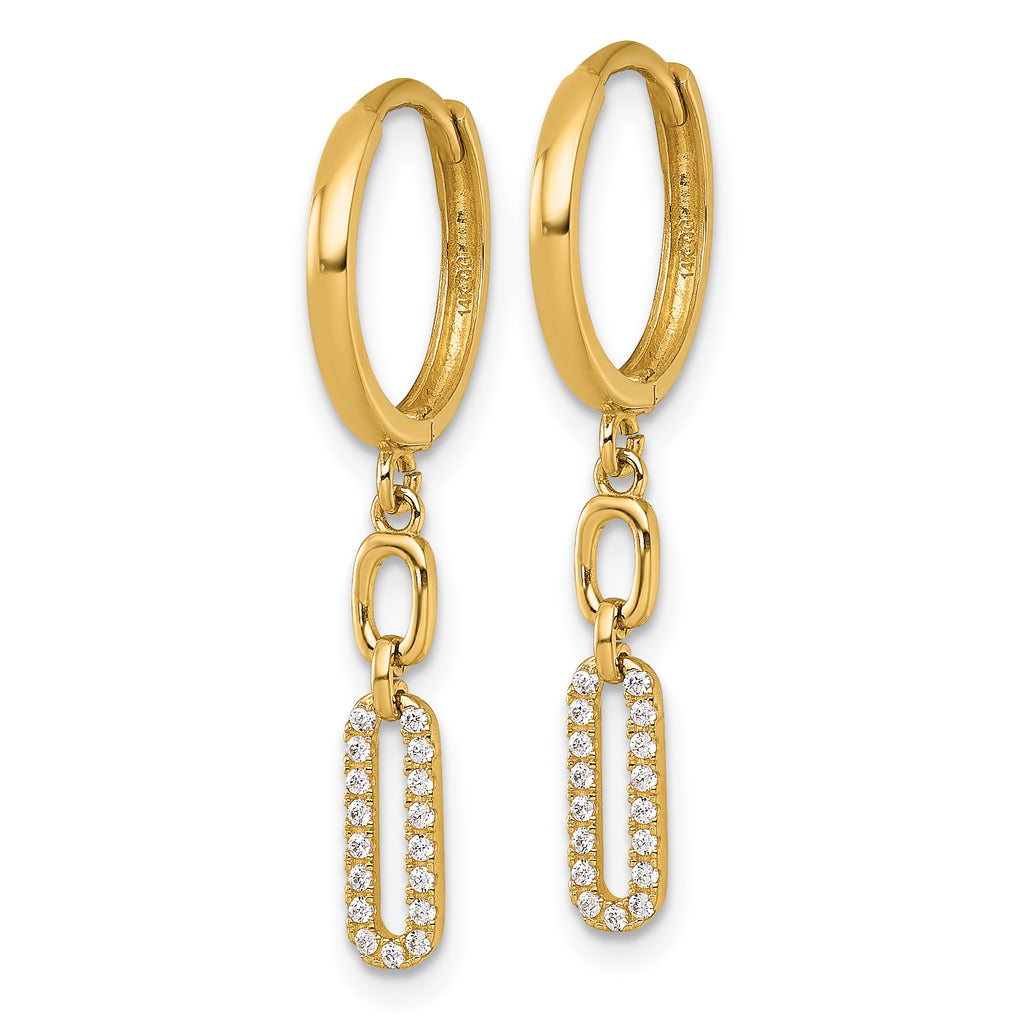 14k Polished Fancy CZ Long Link Dangle Round Hinged Hoop Earrings