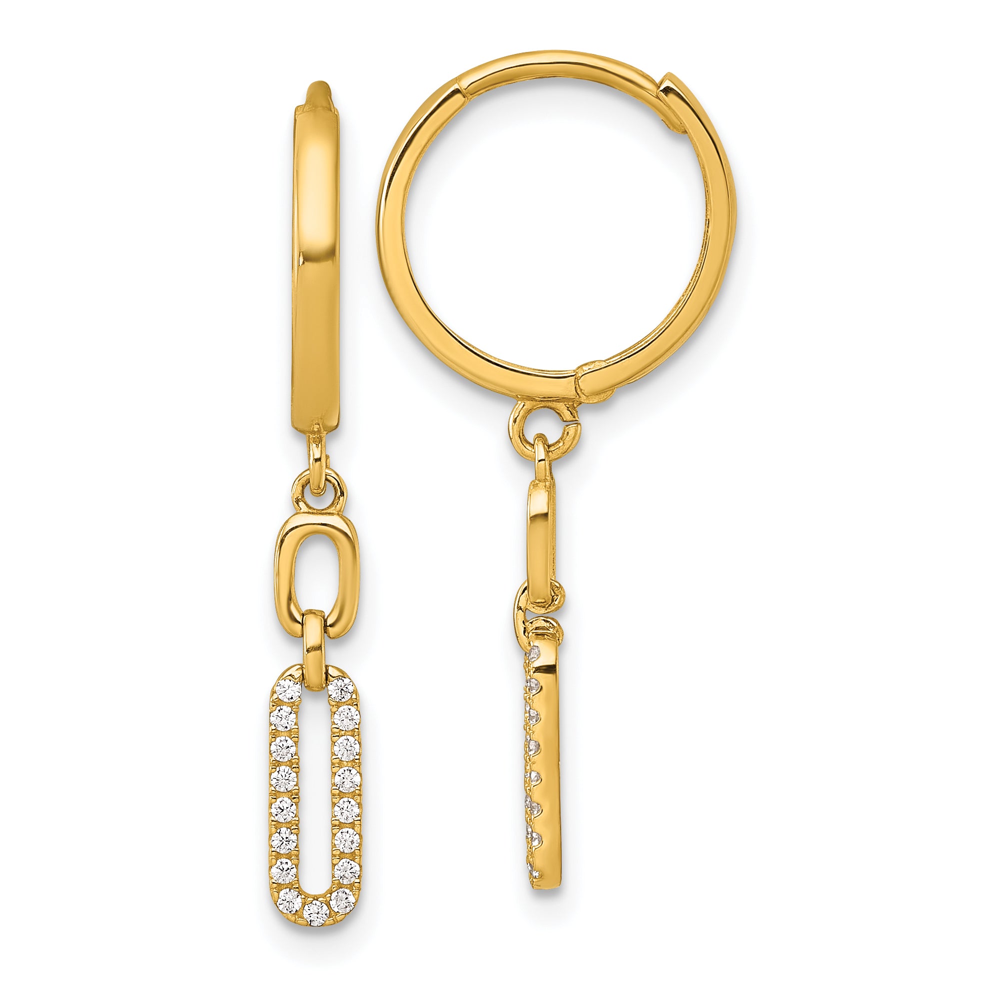 14k Polished Fancy CZ Long Link Dangle Round Hinged Hoop Earrings Main image