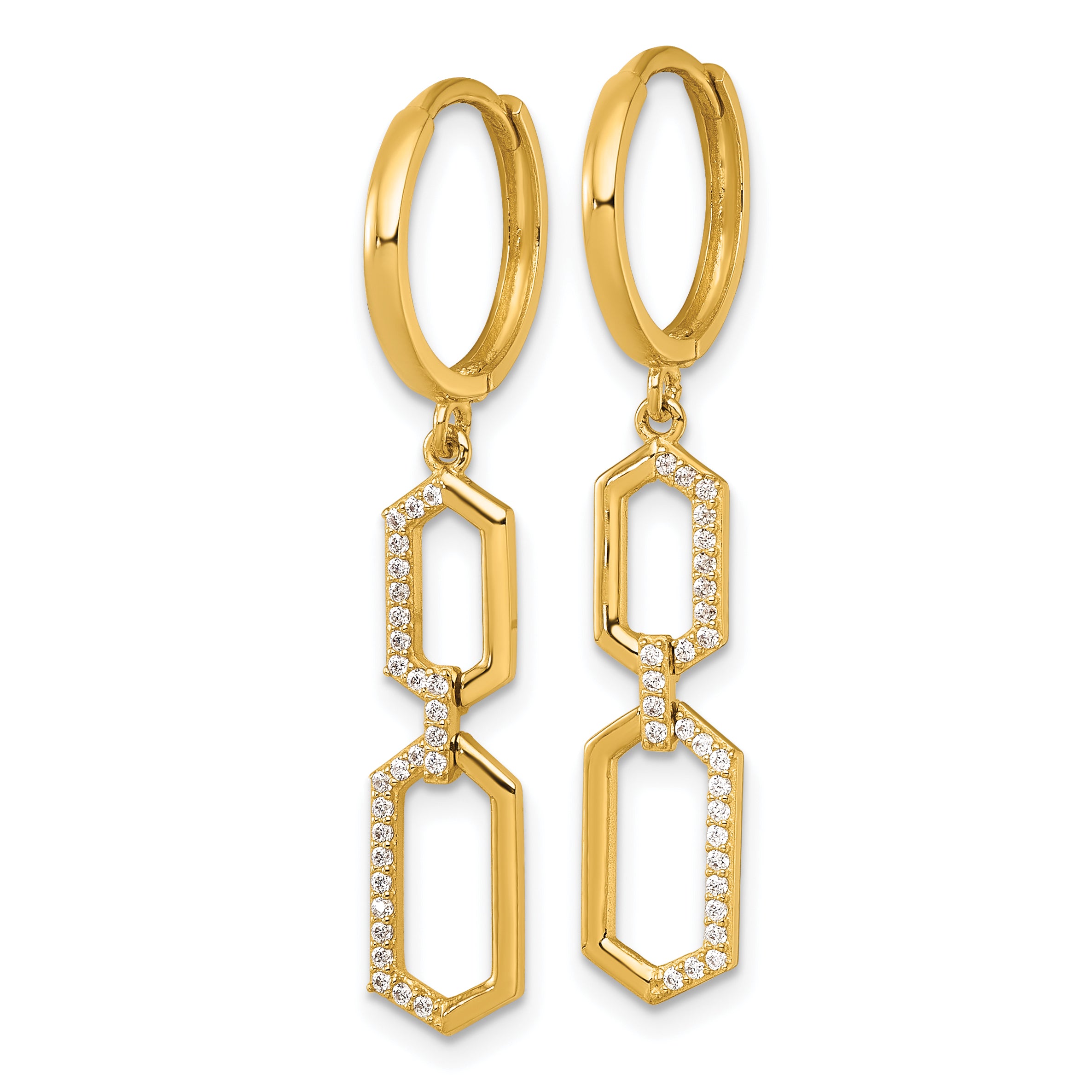 14k Polished Fancy CZ Hexagon Dangle Round Hinged Hoop Earrings