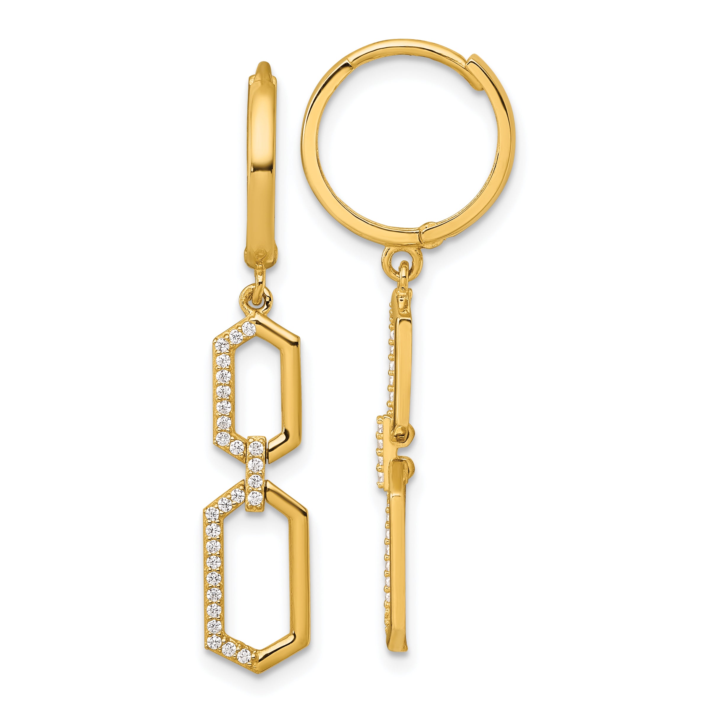 14k Polished Fancy CZ Hexagon Dangle Round Hinged Hoop Earrings Main image