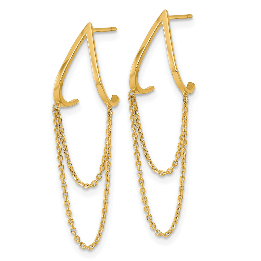 14k Polished V Design with Dangle Chains Post Earrings