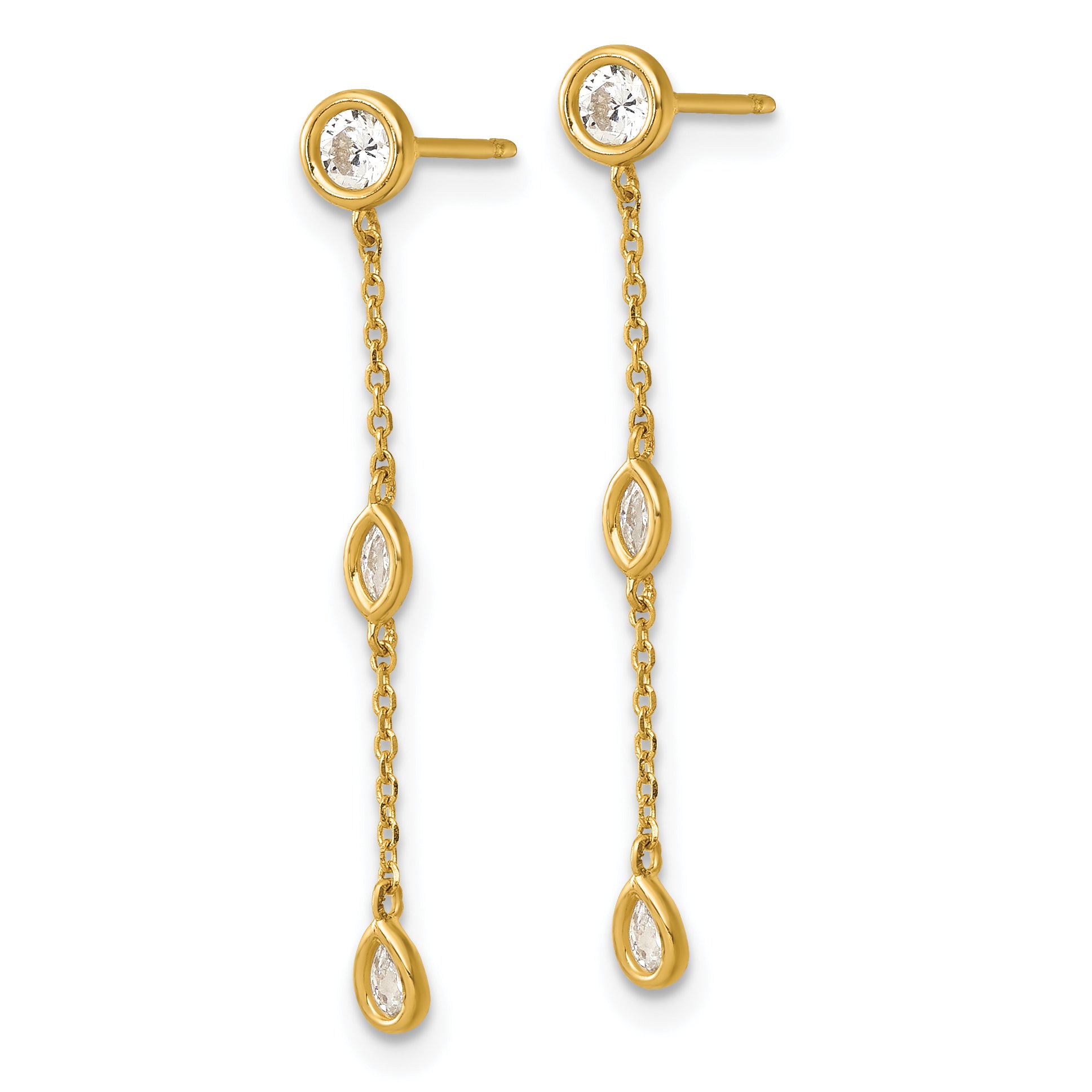 14k Polished Fancy Round/Marquise/Pear Bezel CZ and Chain Dangle Post Earrings