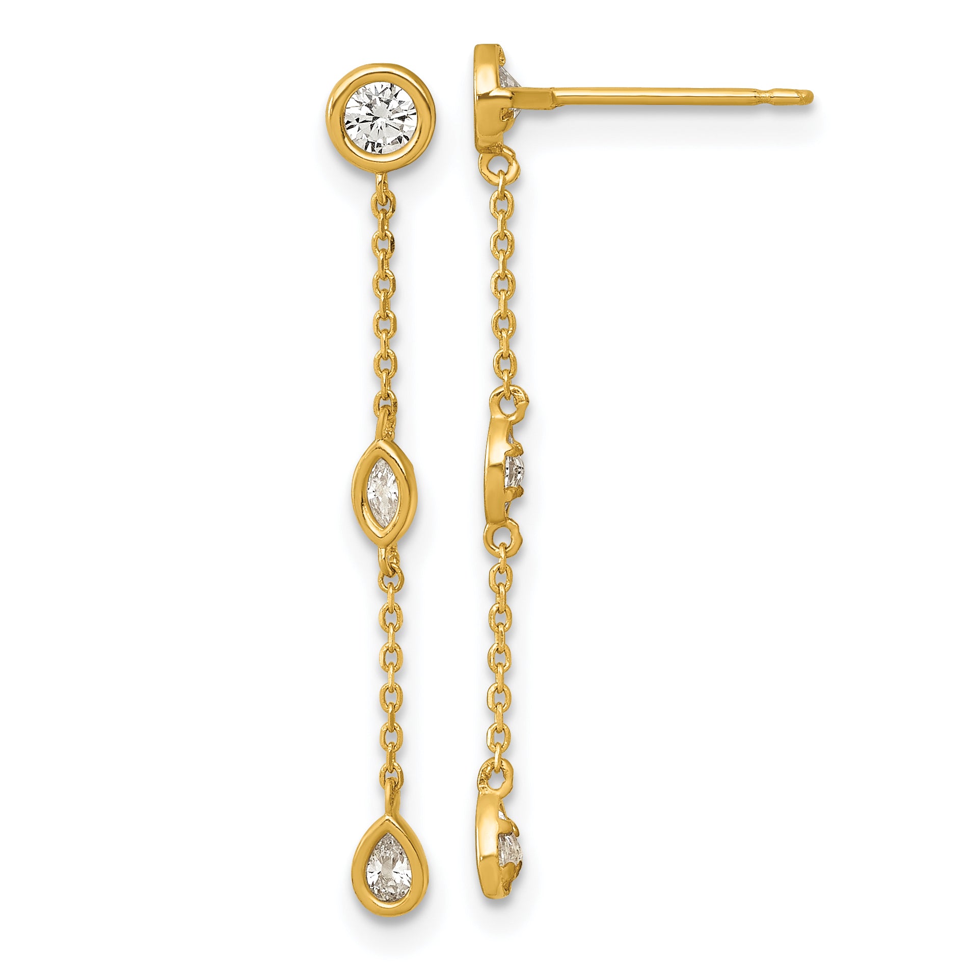 14k Polished Fancy Round/Marquise/Pear Bezel CZ and Chain Dangle Post Earrings Main image