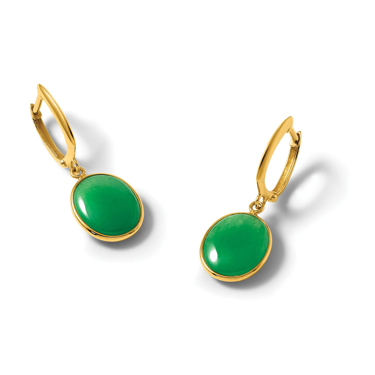 Oval Jade Cabochon Hoop Dangle Earrings in 14K Yellow Gold, 28mm - Sophia Jewelers