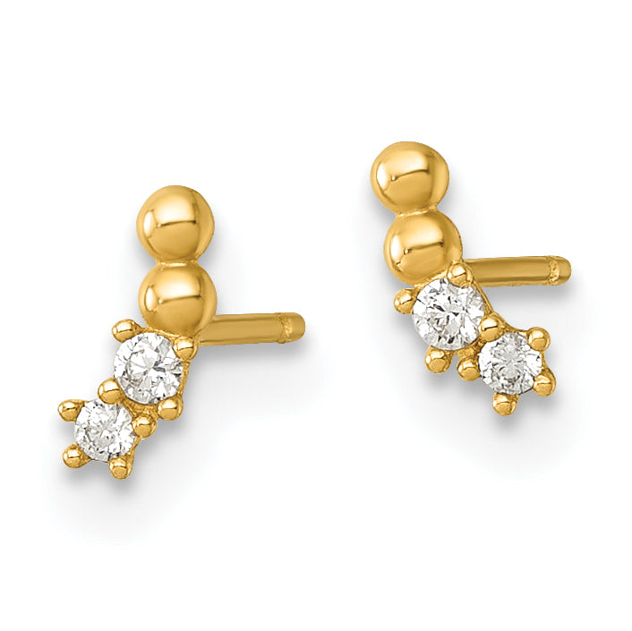 14k Polished and Beaded CZ Curved Post Earrings Secondary image