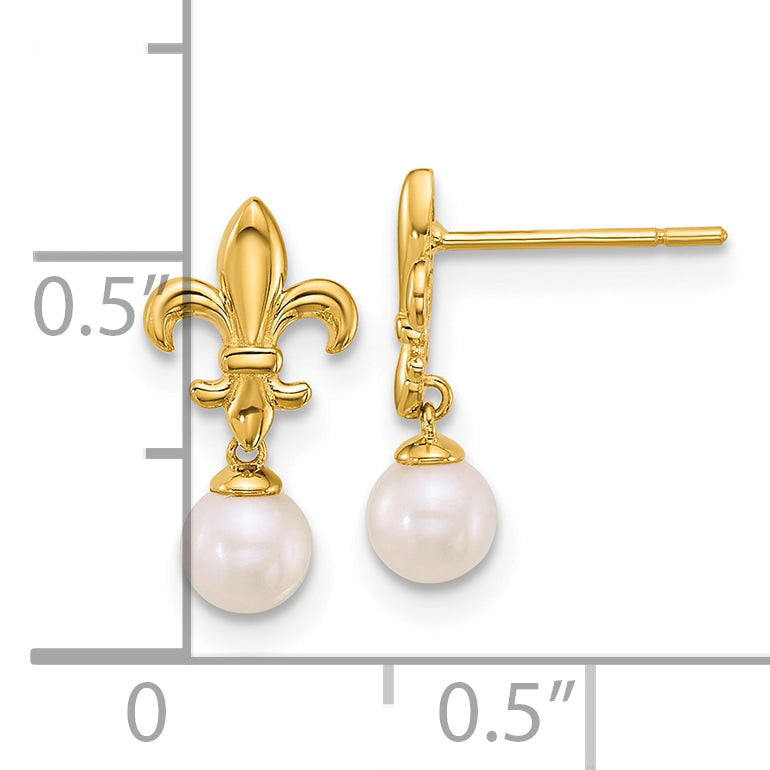 14k Polished Fleur de Lis 3-4mm Freshwater Cultured Pearl Post Dangle Earrings
