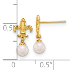 14k Polished Fleur de Lis 3-4mm Freshwater Cultured Pearl Post Dangle Earrings