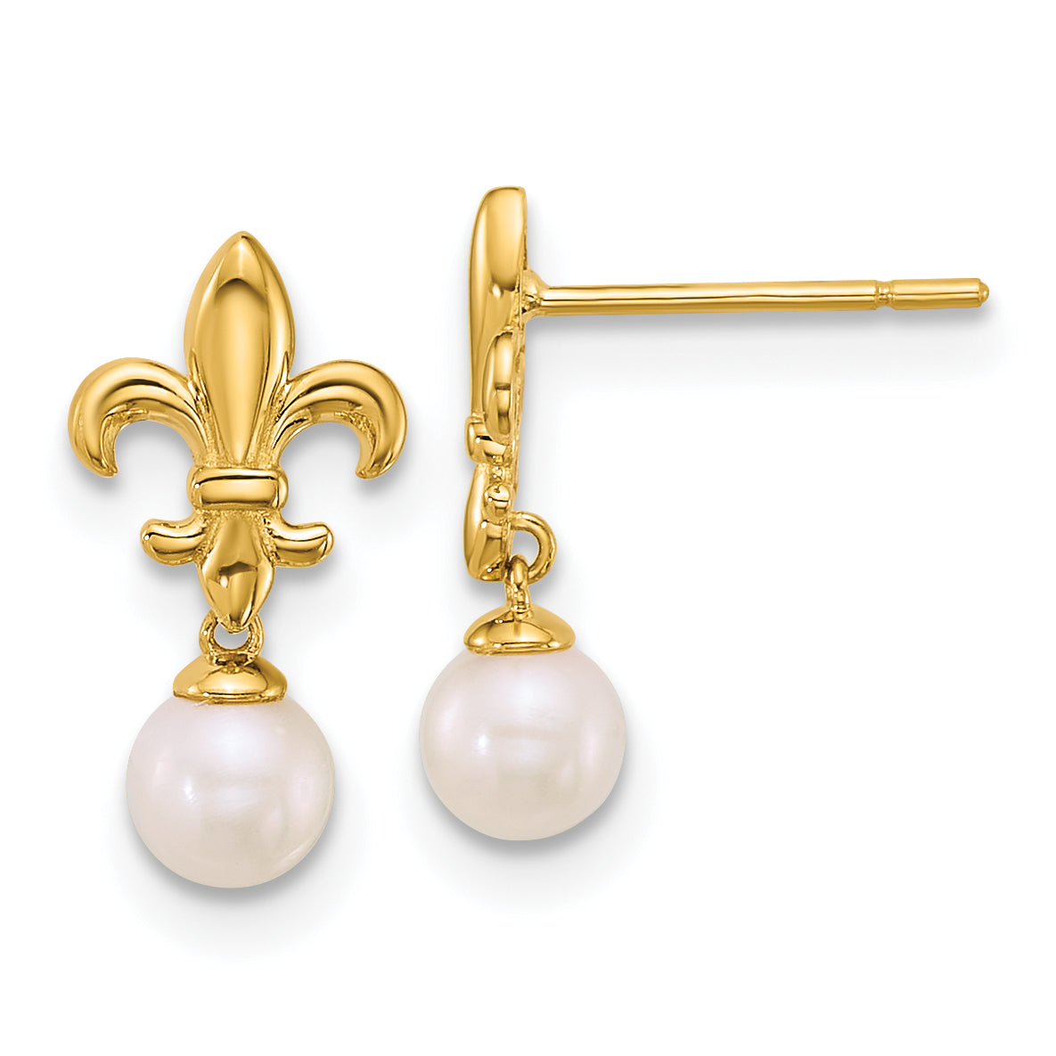 14k Polished Fleur de Lis 3-4mm Freshwater Cultured Pearl Post Dangle Earrings