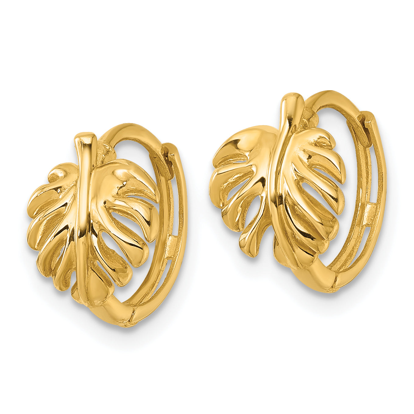 14k Polished Monstera Leaf Round Hinged Hoop Earrings Secondary image
