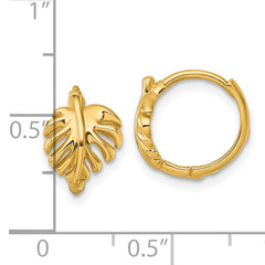 14k Polished Monstera Leaf Round Hinged Hoop Earrings