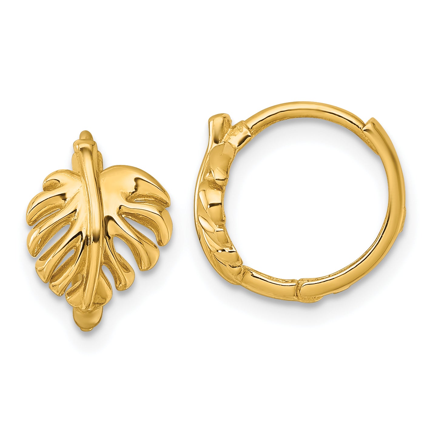 14k Polished Monstera Leaf Round Hinged Hoop Earrings Main image