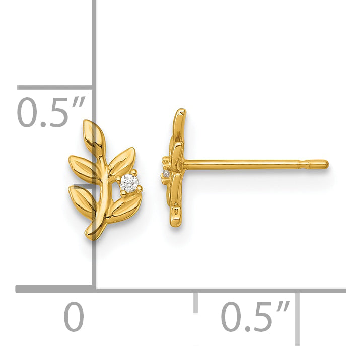 14k Polished CZ Leaf Post Earrings
