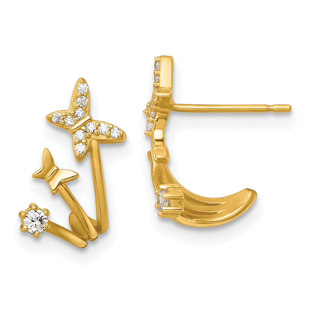 14k Polished CZ Double Butterfly Post Cuff Earrings