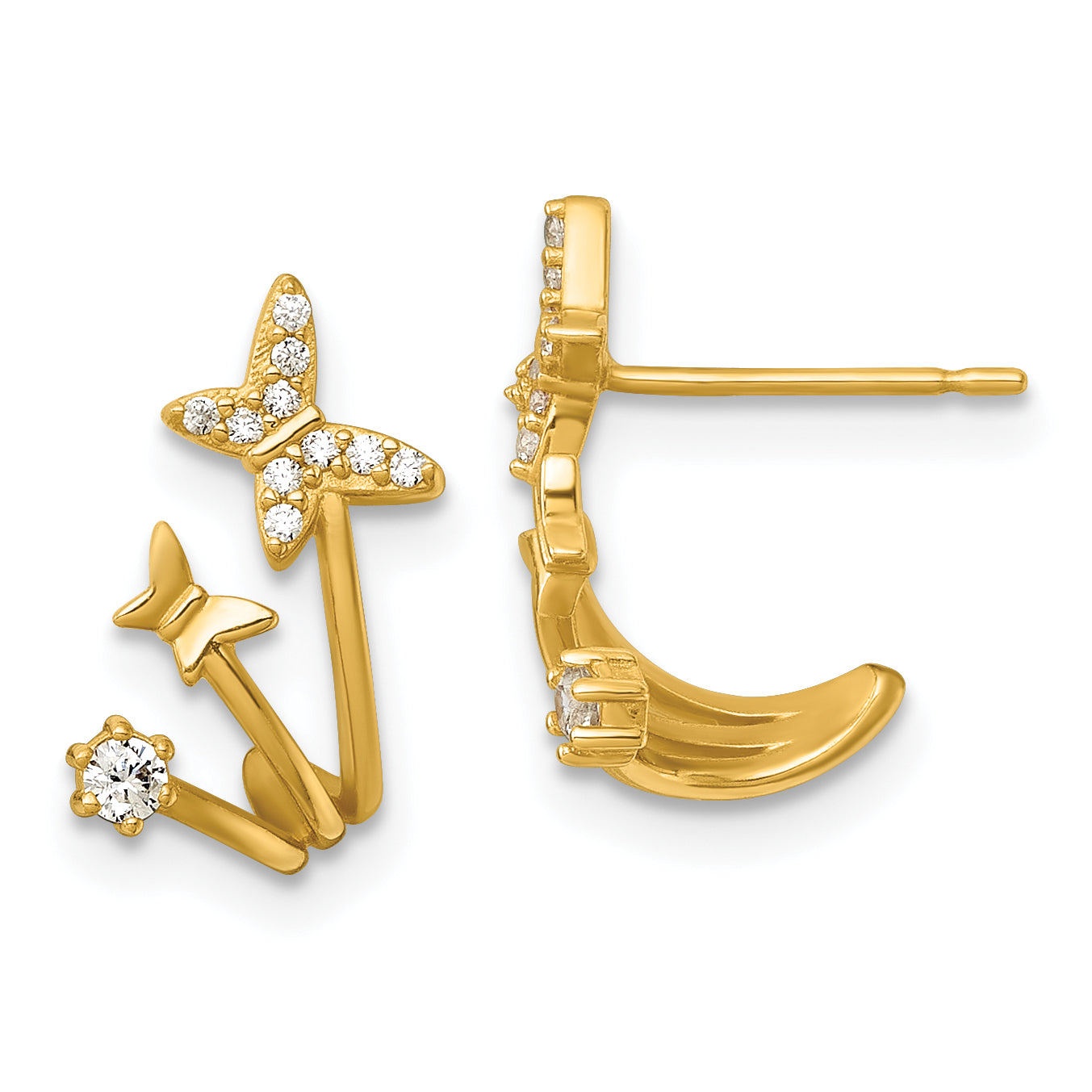 14k Polished CZ Double Butterfly Post Cuff Earrings