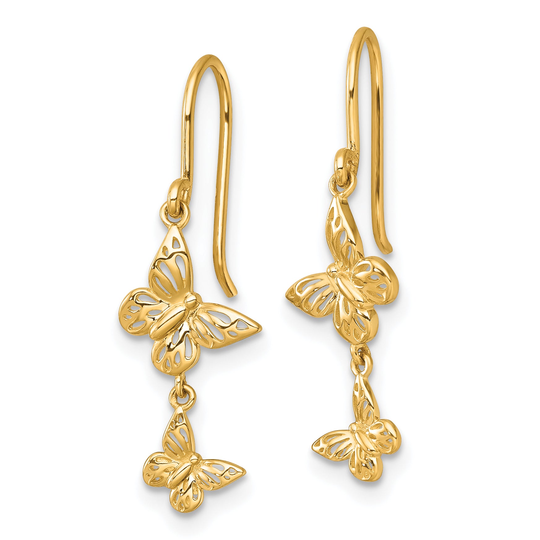 14k Polished Double Butterfly Shepherd Hook Dangle Earrings