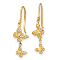 14k Polished Double Butterfly Shepherd Hook Dangle Earrings