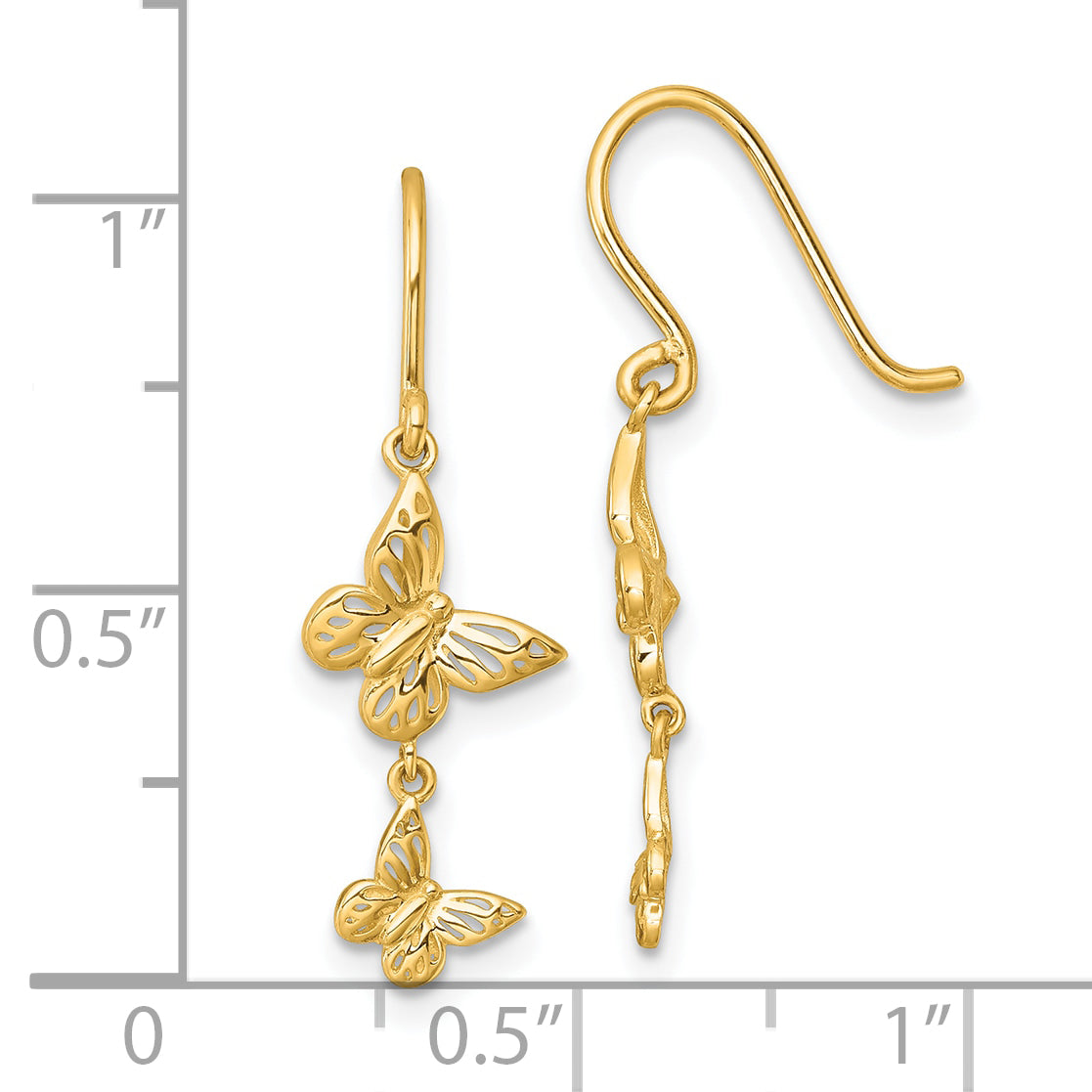 14k Polished Double Butterfly Shepherd Hook Dangle Earrings