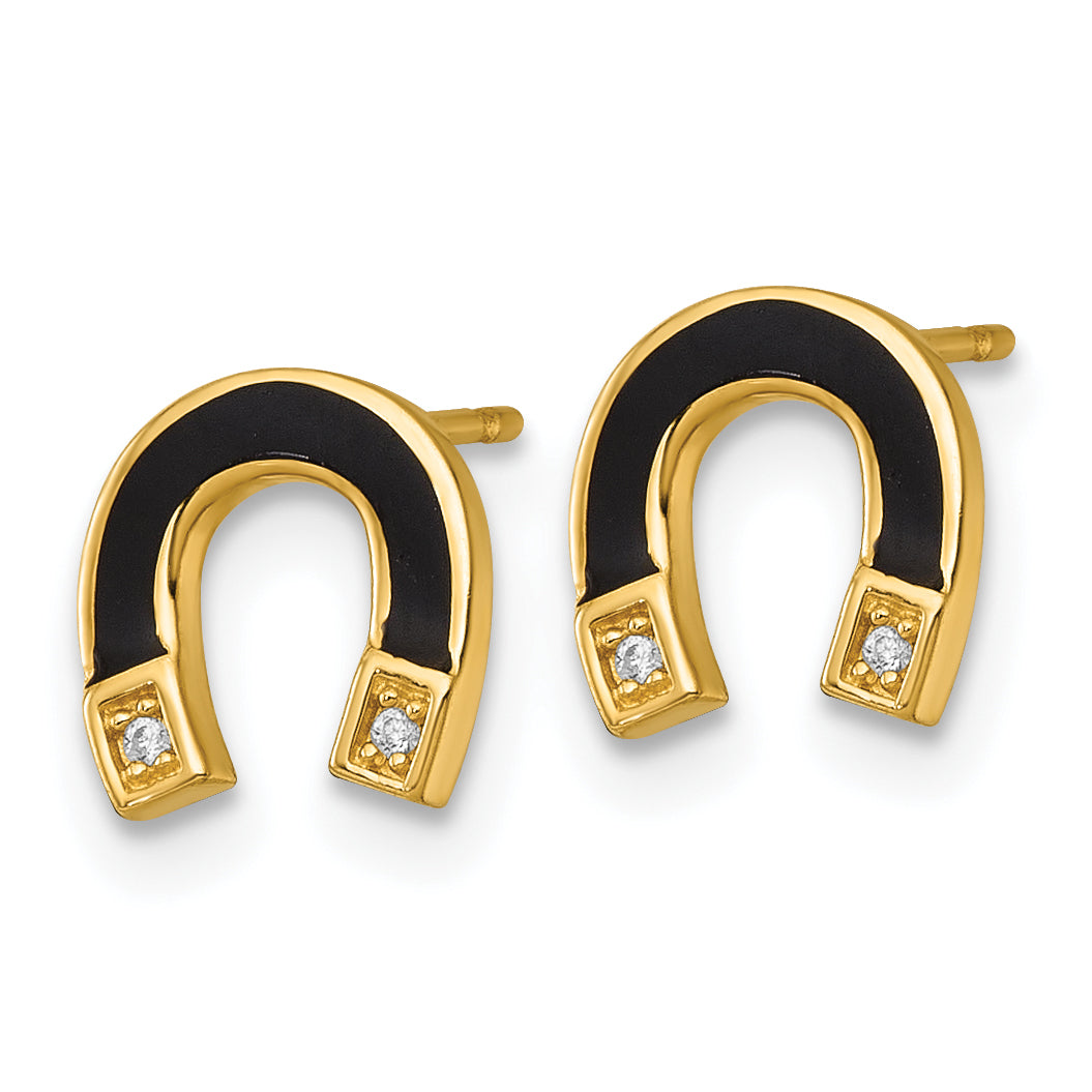 14k Polished Black Enamel and CZ Horseshoe Post Earrings