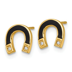 14k Polished Black Enamel and CZ Horseshoe Post Earrings