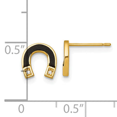 14k Polished Black Enamel and CZ Horseshoe Post Earrings