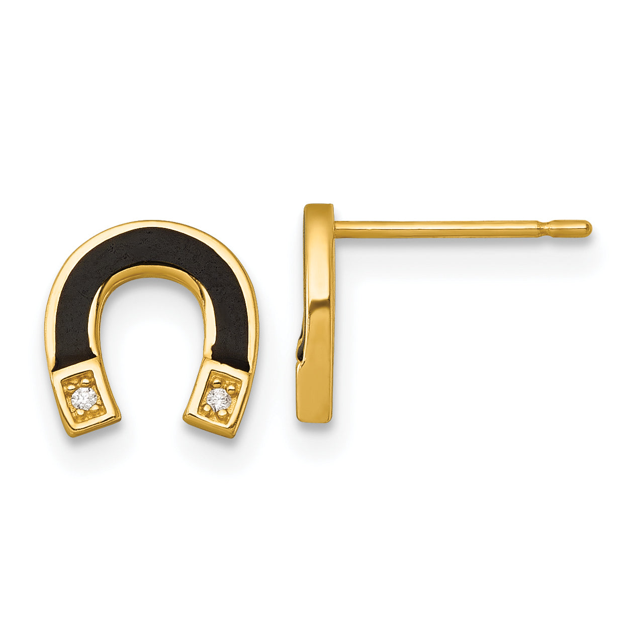 14k Polished Black Enamel and CZ Horseshoe Post Earrings Main image