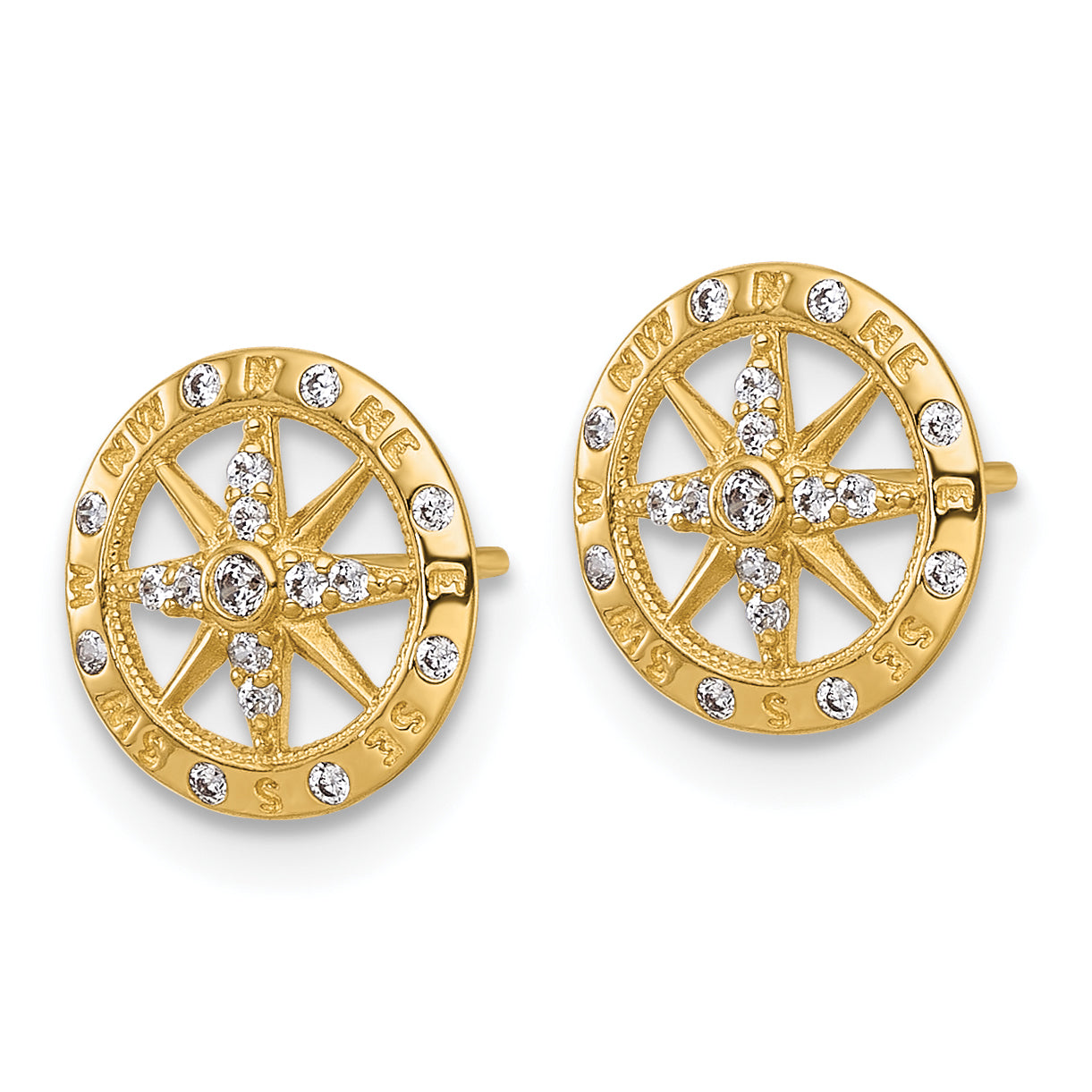 14k Polished White CZ Compass Post Earrings Secondary image
