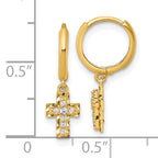 14k Polished and Diamond-cut Dangling CZ Cross Round Hinged Hoop Earrings