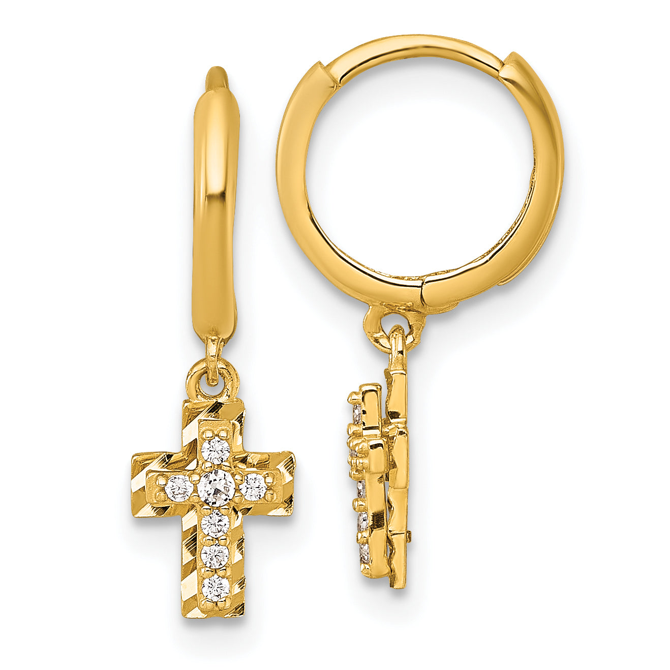 14k Polished and Diamond-cut Dangling CZ Cross Round Hinged Hoop Earrings Main image