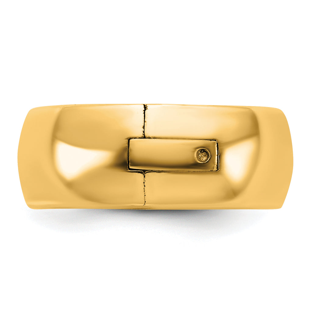 14K yellow gold 8mm comfort fit hinged wedding band - top view showing profile