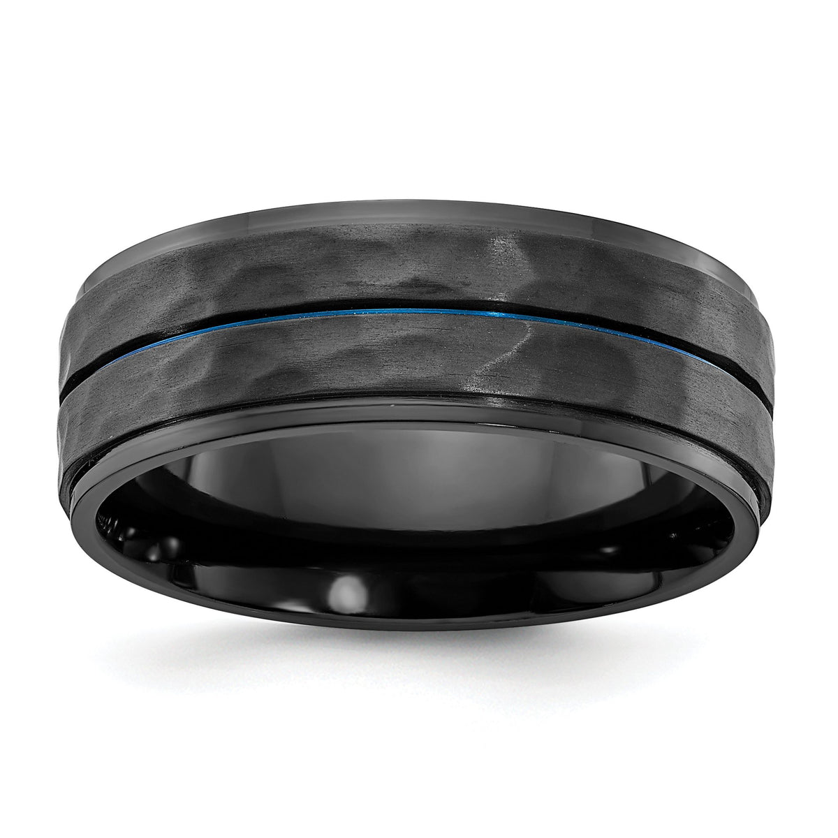 Hammered Wedding Band in Black Zirconium with Blue Inlay, 8mm - Sophia Jewelers Main image