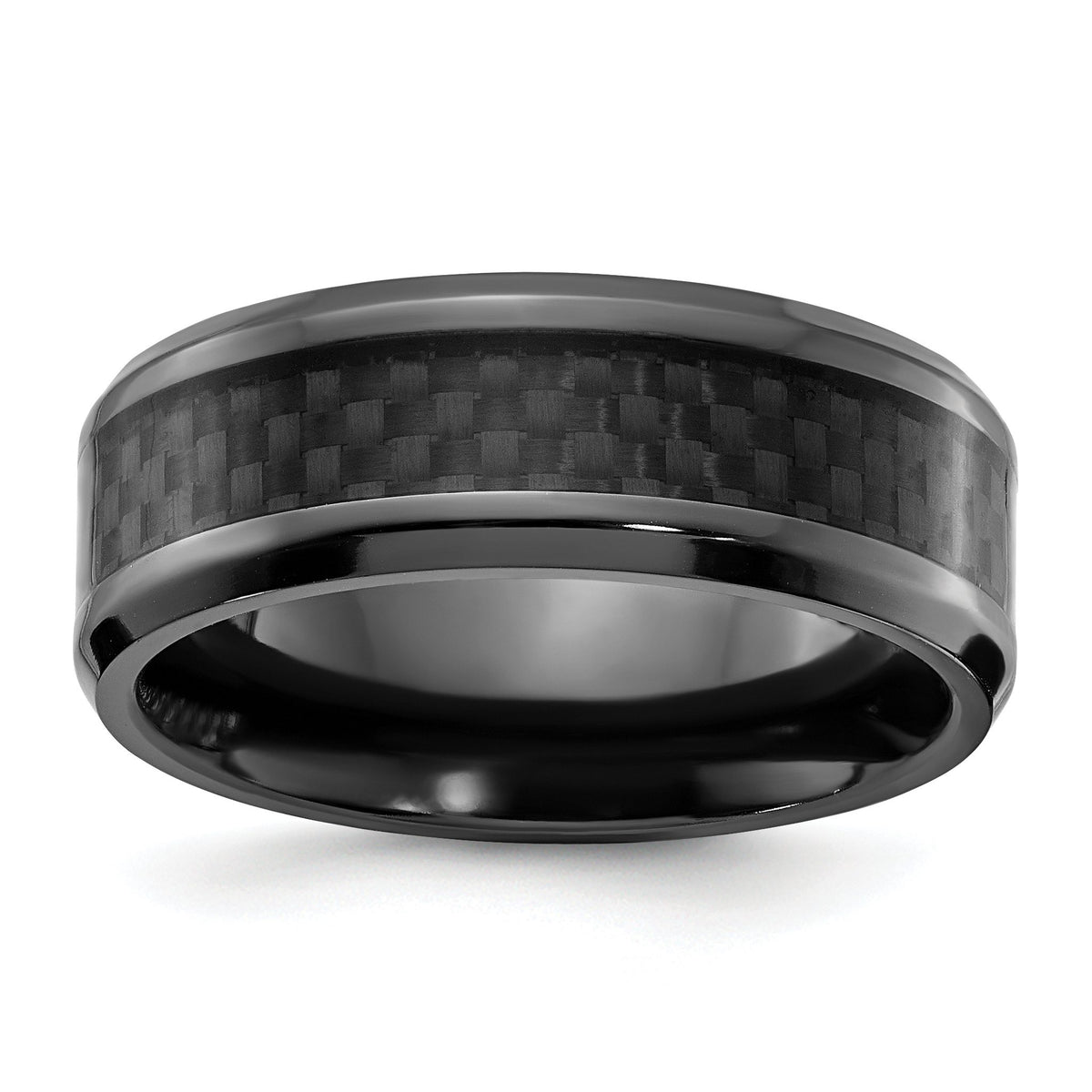 Black Zirconium 8mm Comfort Fit Band with Polished Finish and Black Carbon Fiber Inlay Offering a Sleek Lightweight Design with High Tech Modern Appeal - Sophia Jewelers Main image