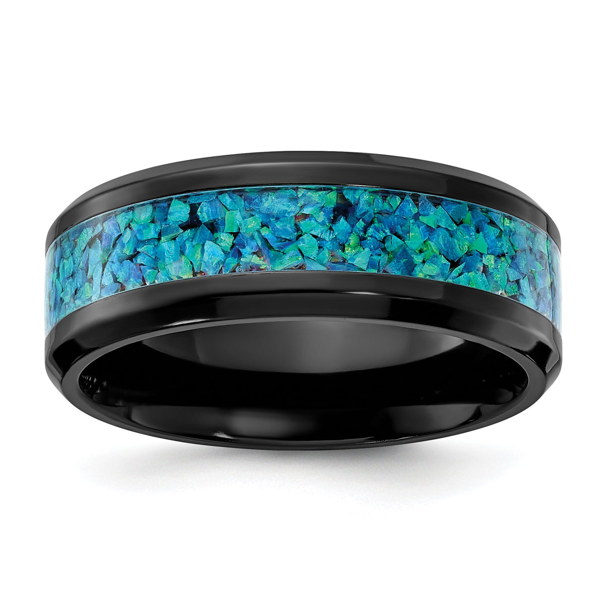 Blue Simulated Opal Inlay Wedding Band in Black Zirconium, 8mm - Sophia Jewelers Main image