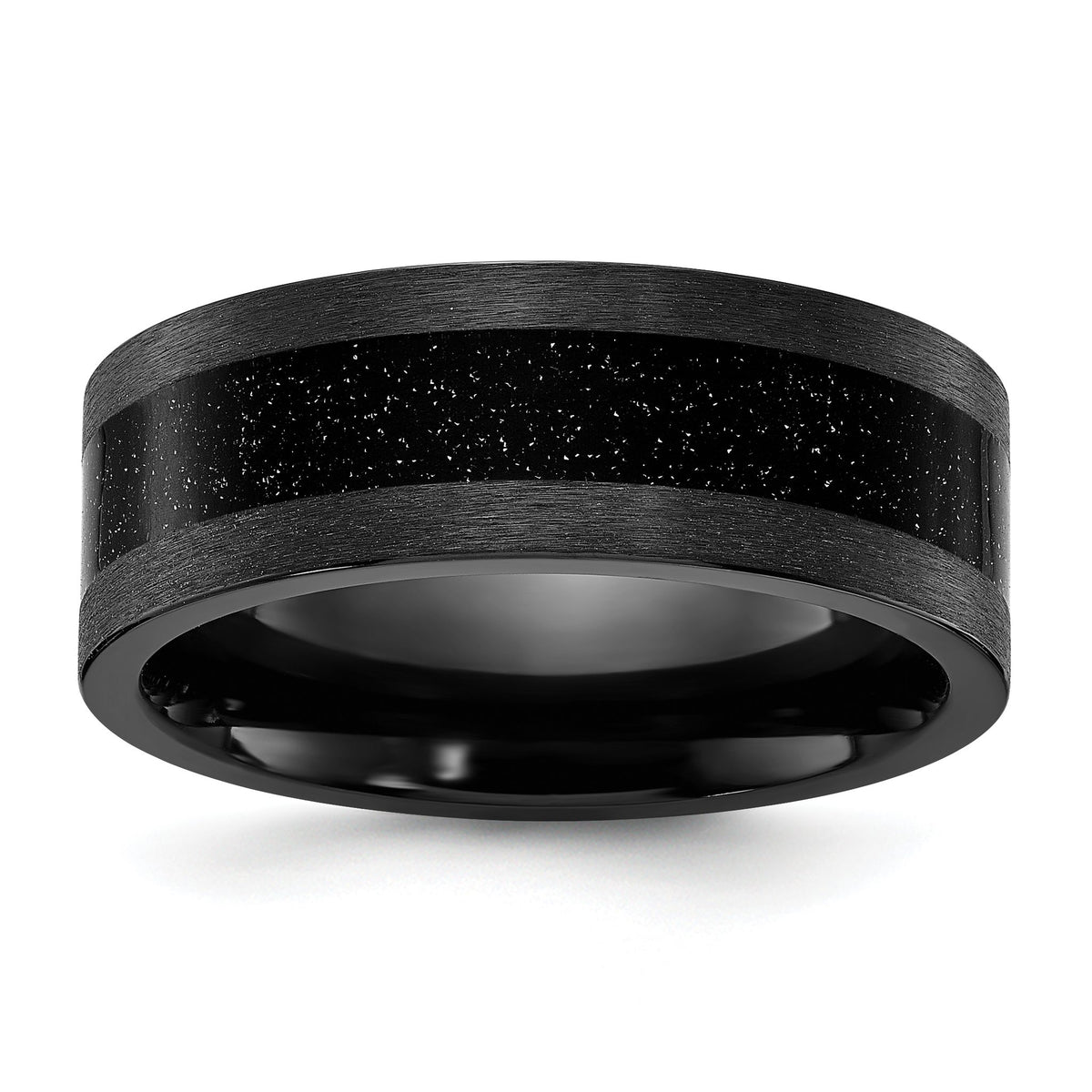 Black Zirconium 8mm Comfort Fit Band with Polished Finish and Black Star Sandstone Inlay Featuring a Subtle Sparkle Effect for a Sophisticated and Celestial Inspired Design - Sophia Jewelers Main image