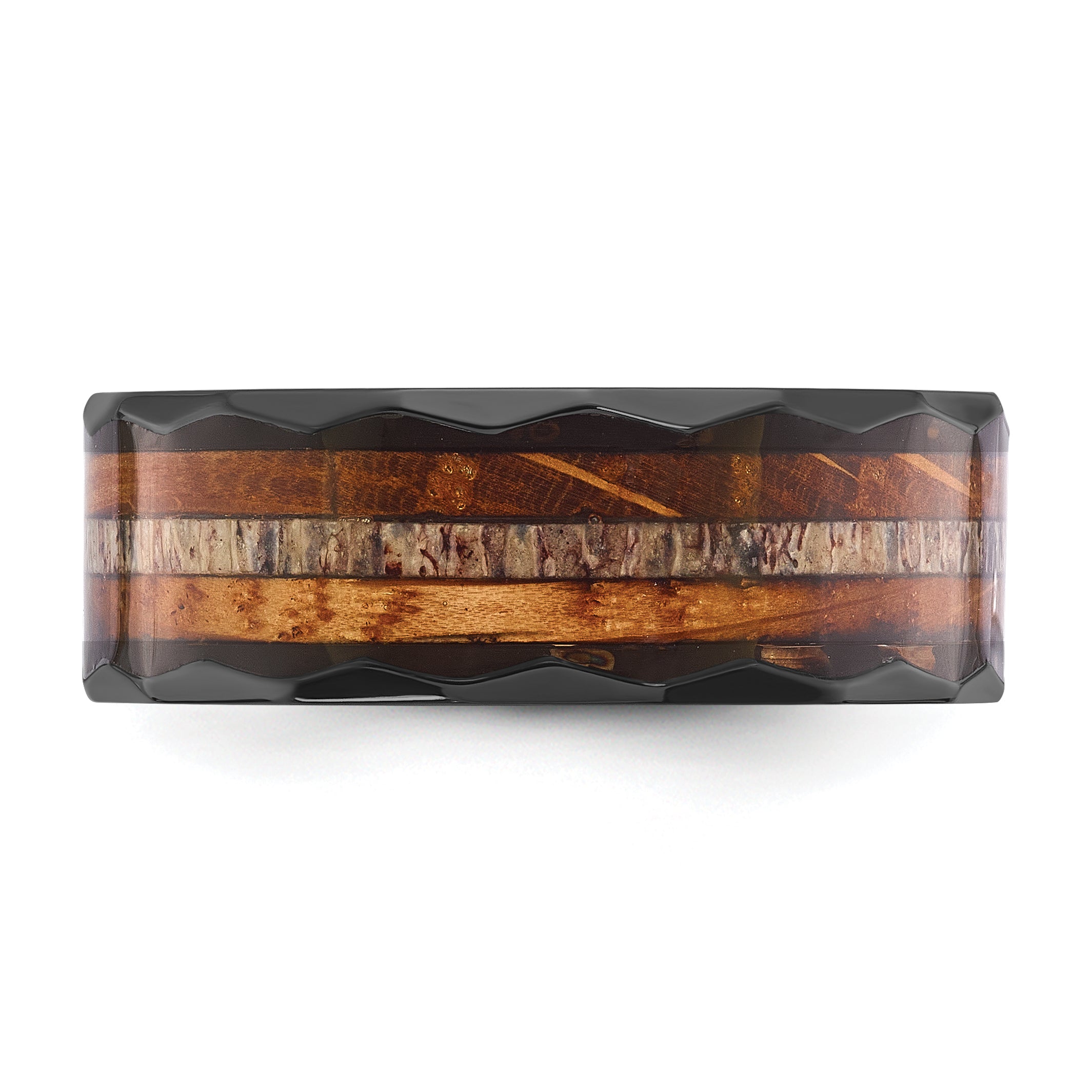 Black Zirconium Polished Faceted with Wood and Deer Antler Inlay 8mm Band