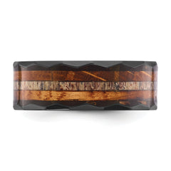 Black Zirconium Polished Faceted with Wood and Deer Antler Inlay 8mm Band