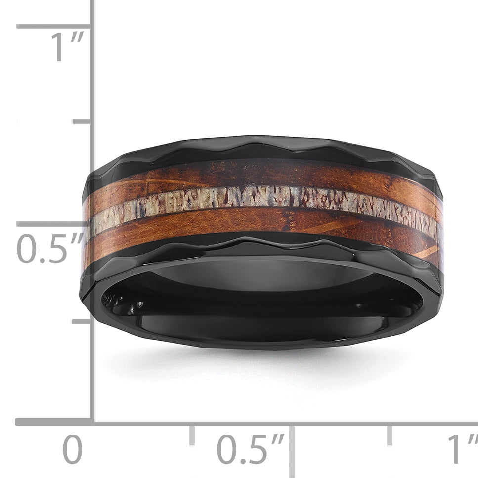 Black Zirconium Polished Faceted with Wood and Deer Antler Inlay 8mm Band