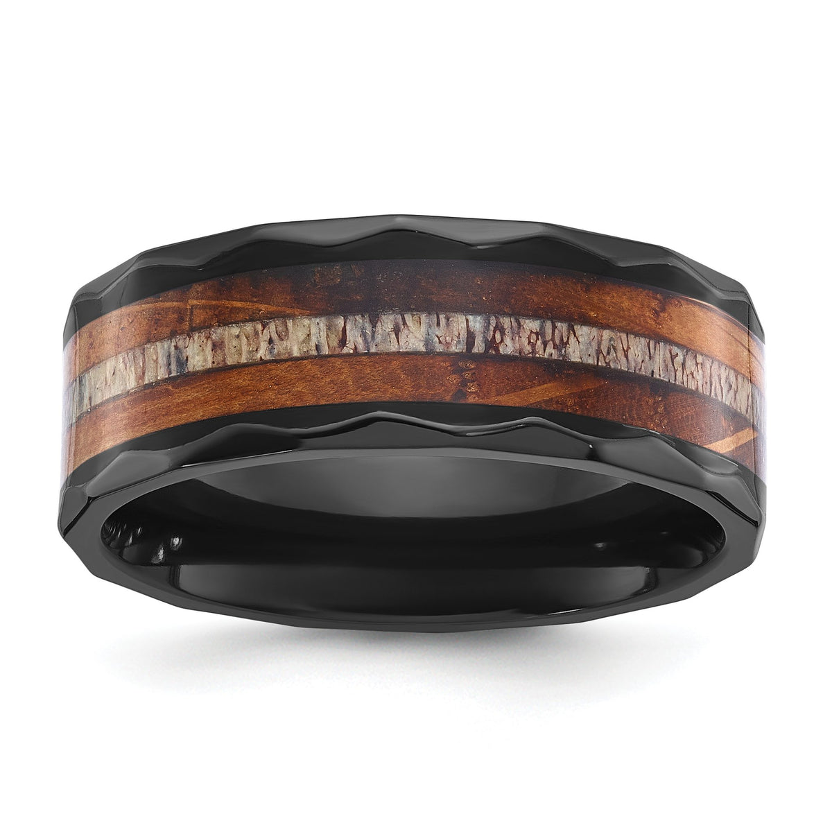 Men's Wood and Deer Antler Inlay Wedding Band in Zirconium, 8mm - Sophia Jewelers Main image