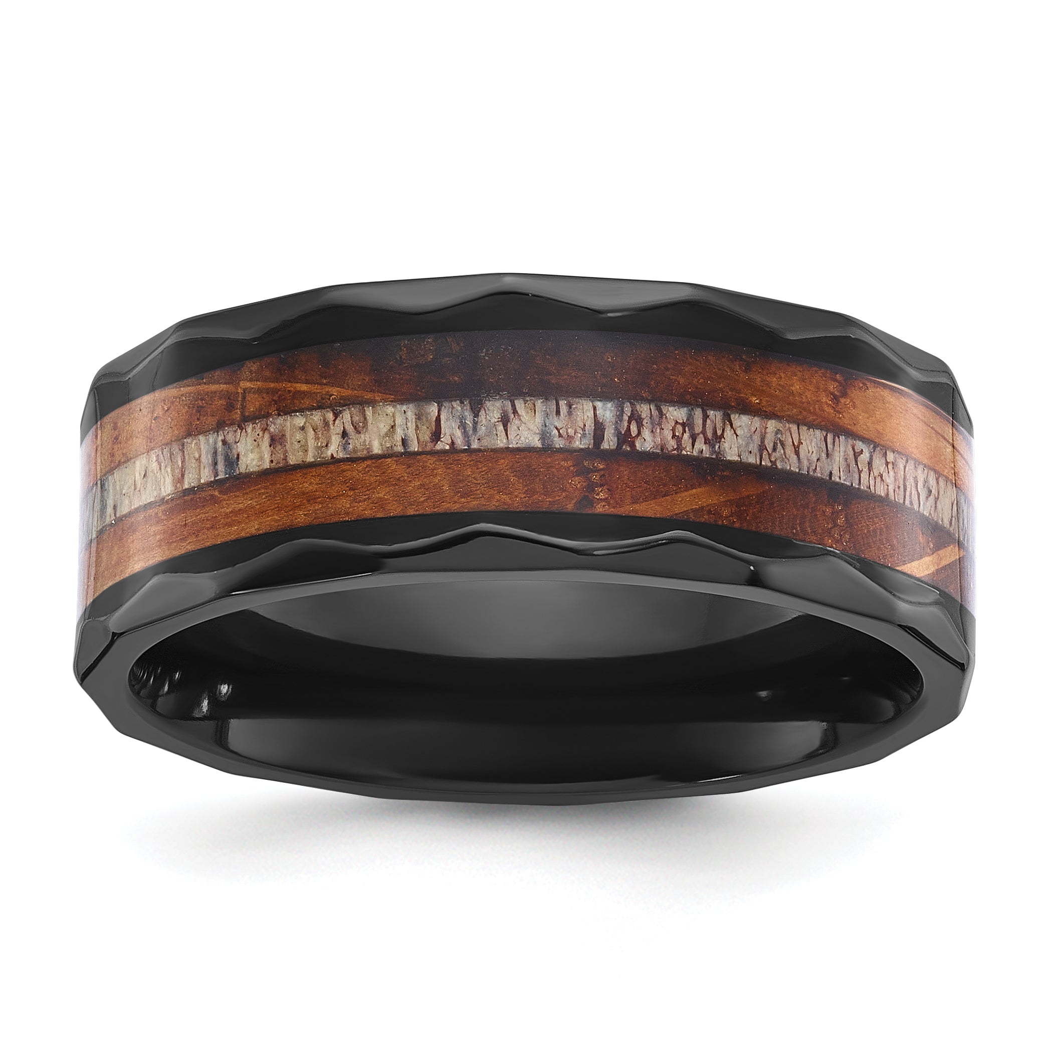 Black Zirconium Polished Faceted with Wood and Deer Antler Inlay 8mm Band Main image