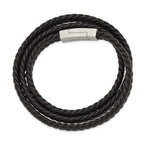 Stainless Steel Brushed Black Braided Leather Wrap Bracelet for Men