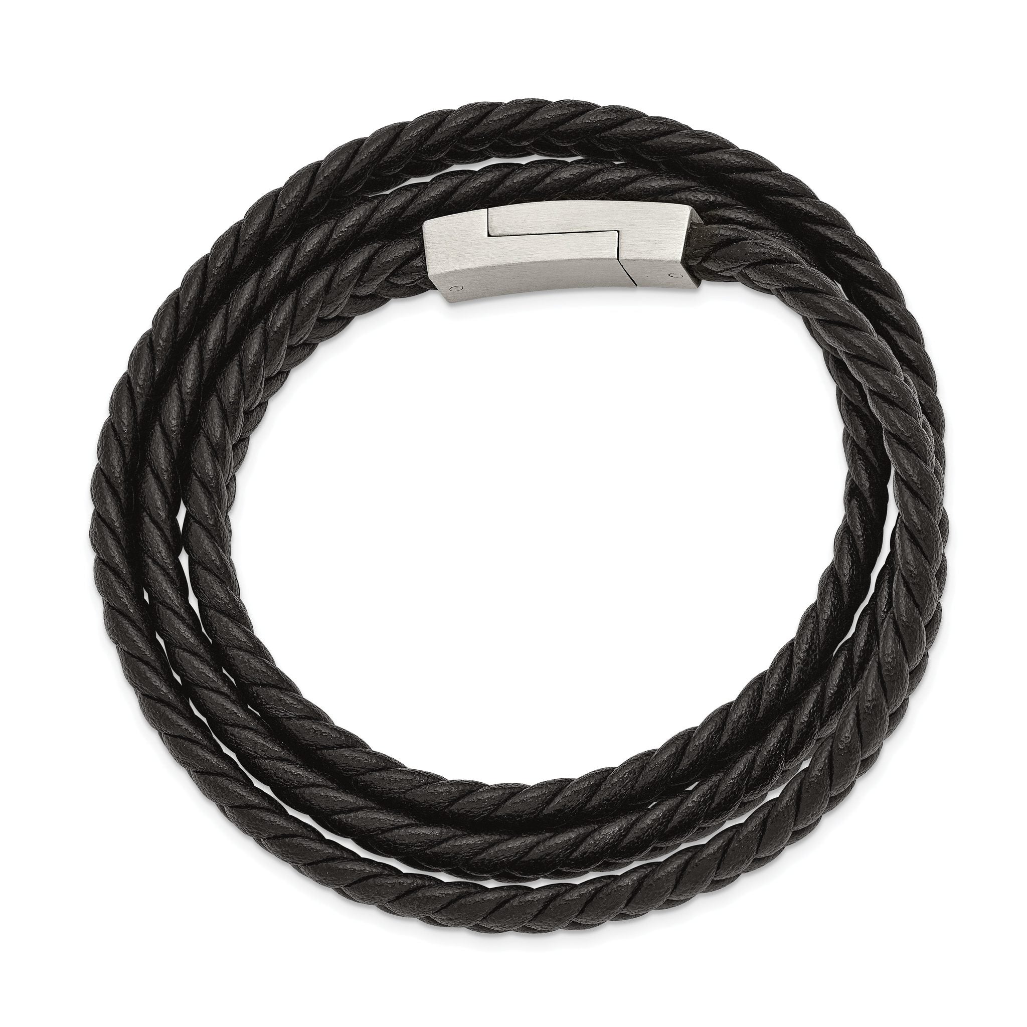 Stainless Steel Brushed Black Braided Leather Wrap Bracelet for Men