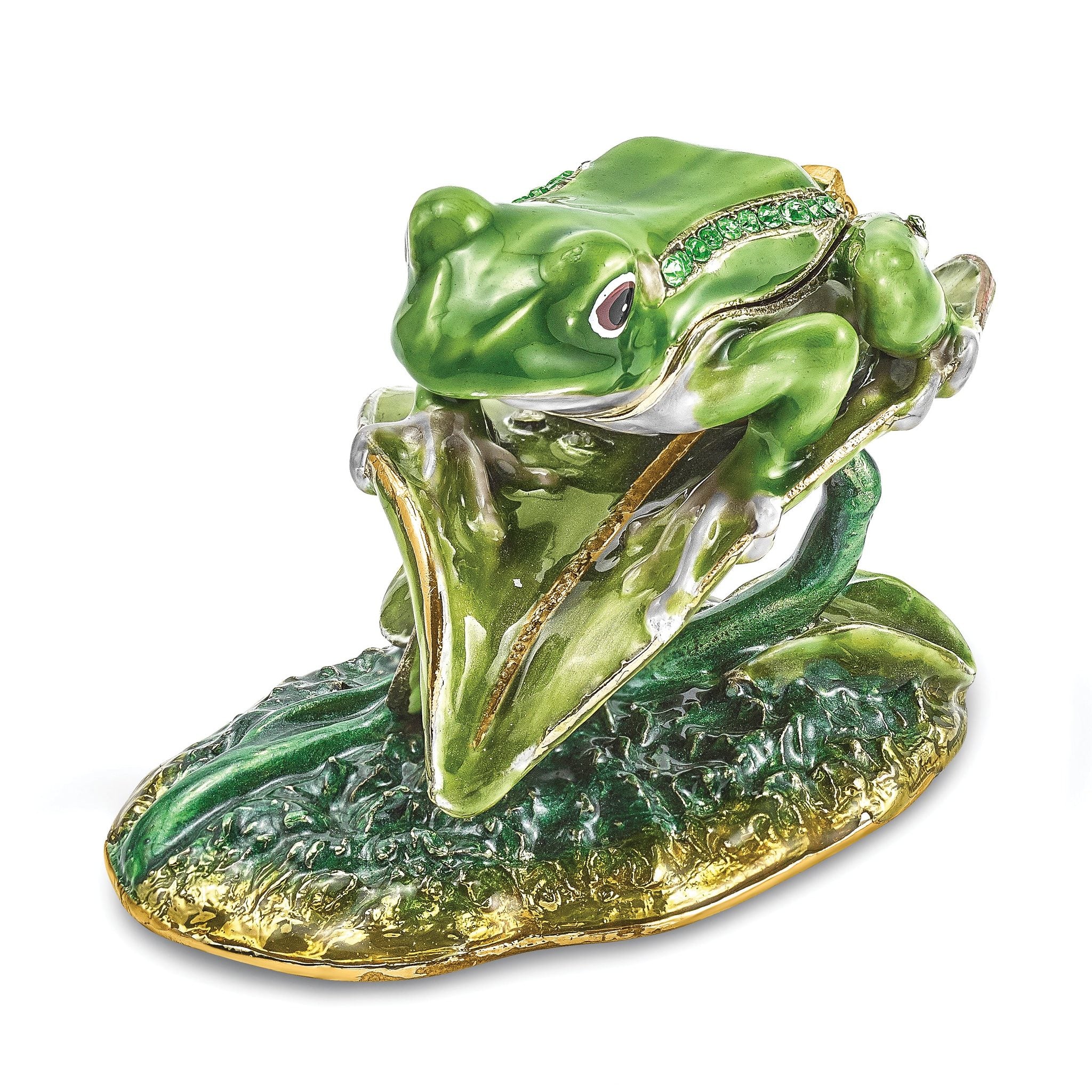 Luxury Giftware Pewter Bejeweled Crystals Gold-tone Enameled LILLY Frog on Lily Pad Trinket Box with Matching 18 Inch Necklace Main image