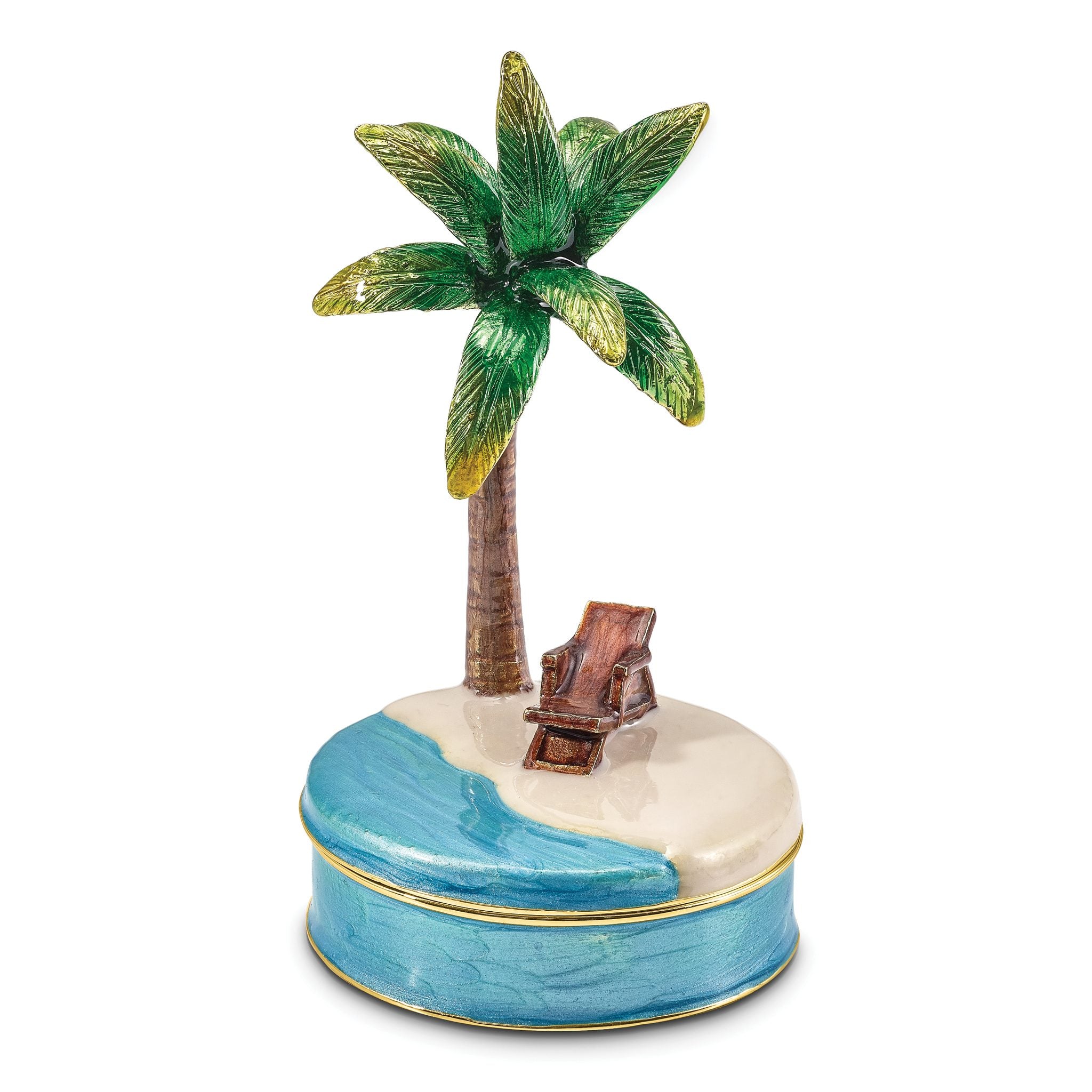 Luxury Giftware Pewter Bejeweled Crystals Gold-tone Enameled RELAX Palm Tree and Chair Trinket Box with Matching 18 Inch Necklace Main image