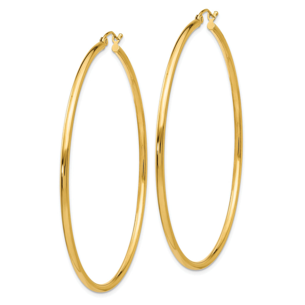 10K Gold Polished Hoop Earrings 2mm Tube Elegant 55mm Women's