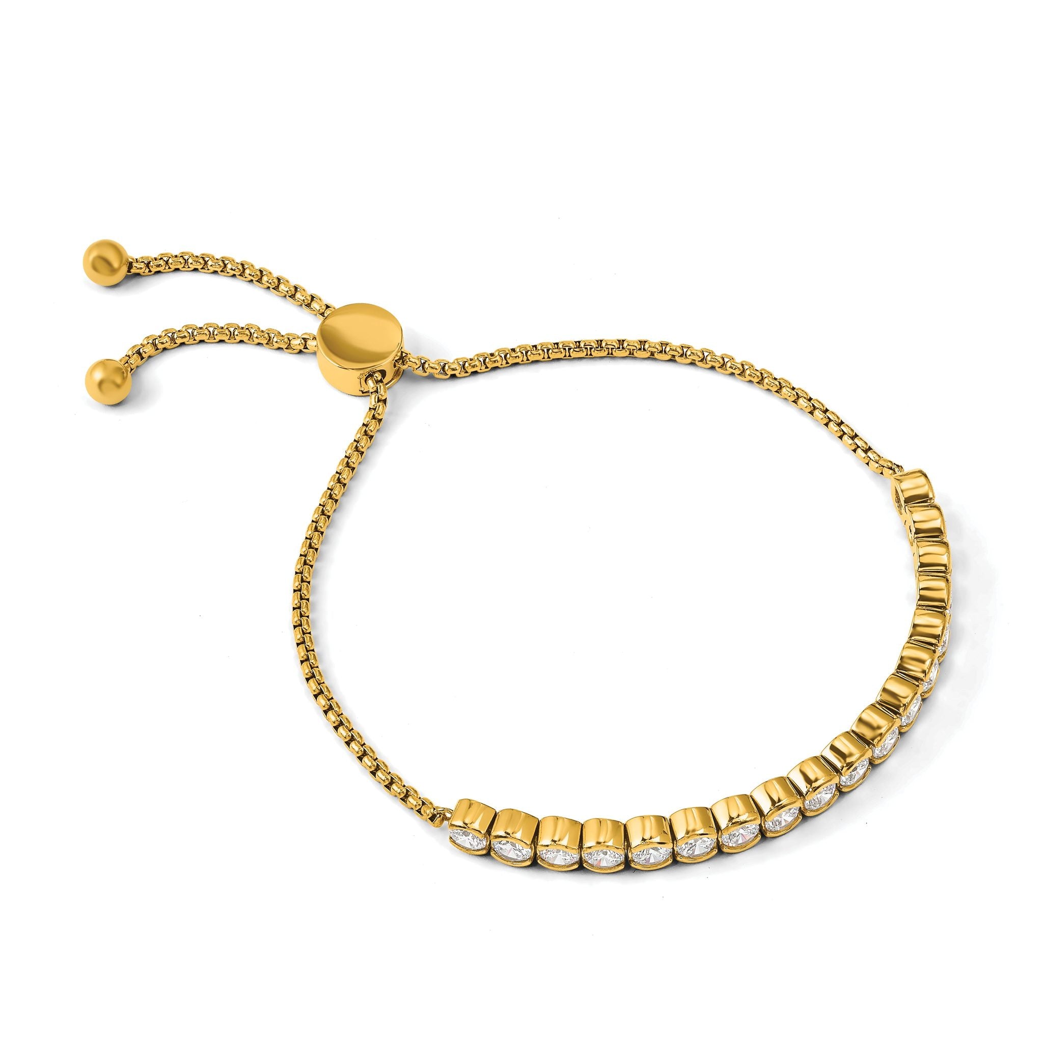 Stainless Steel Polished Yellow IP-plated with Round Cubic Zirconia Adjustable Bracelet for Women