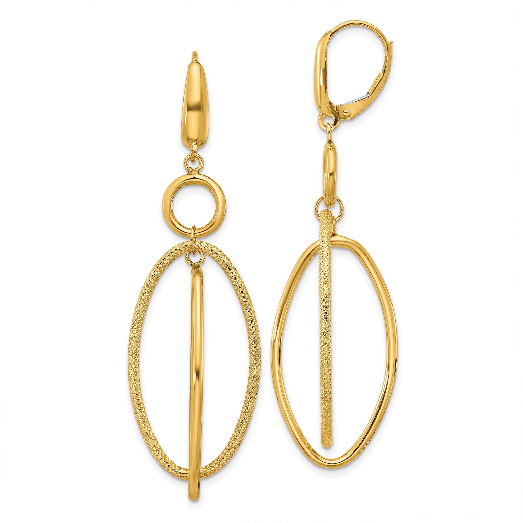 10k Polished and Textured Oval Dangle Leverback Earrings Main image